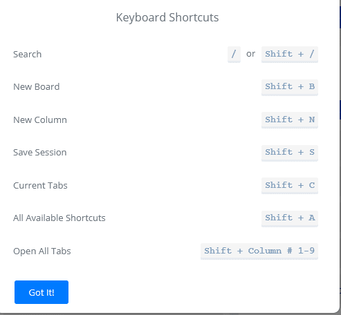 list of keyboard shortcuts for using Qlearly 