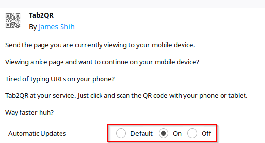 changing the update settings for Tab2QR add-on