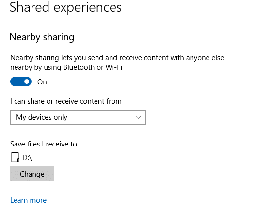 configuring nearby sharing options on destination Windows 10 PC