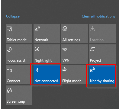 enabling bluetooth and nearby sharing from Windows 10 action center