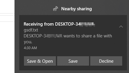 accepting incoming file on destination Windows 10 PC using nearby sharing