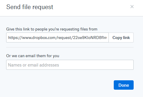 File request link generated in Dropbox