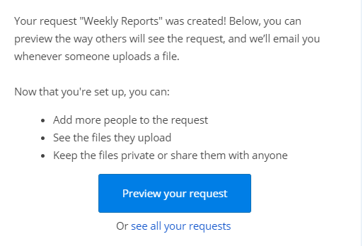 email notification about created file request in Dropbox