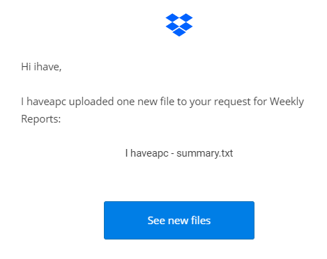 email notification about files uploaded by recipient using file request in Dropbox