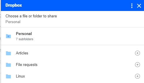 list of Dropbox files and folders available that can be inserted as Gmail attachments