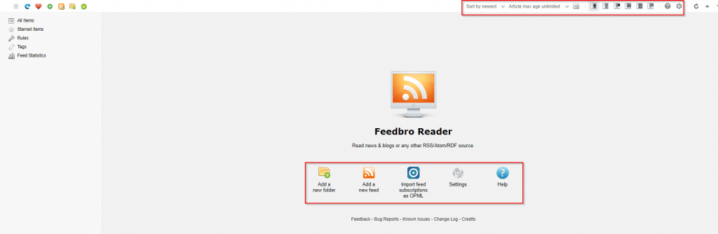 FeedBro Reader main interface