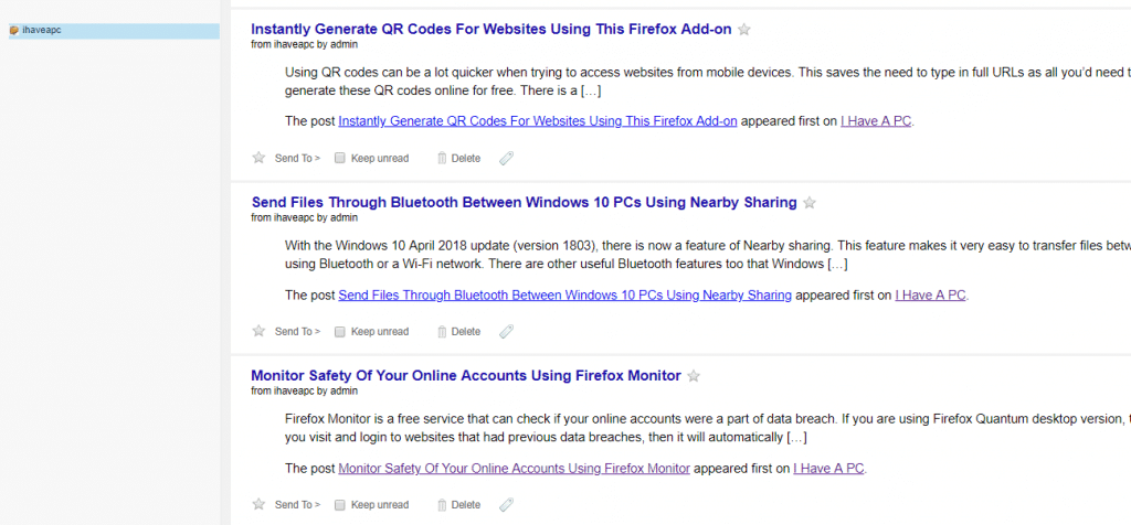 RSS feed articles displayed using Feedbro 