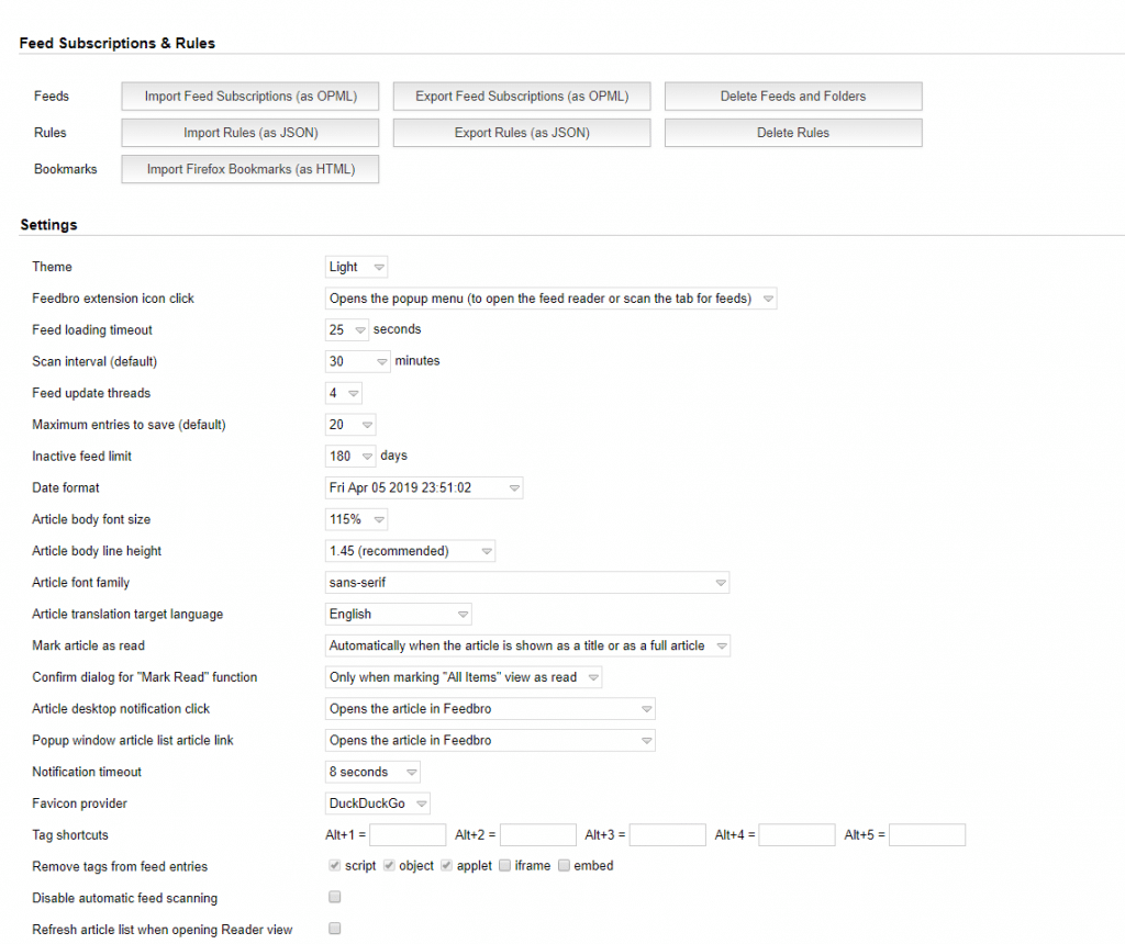 Feedbro settings