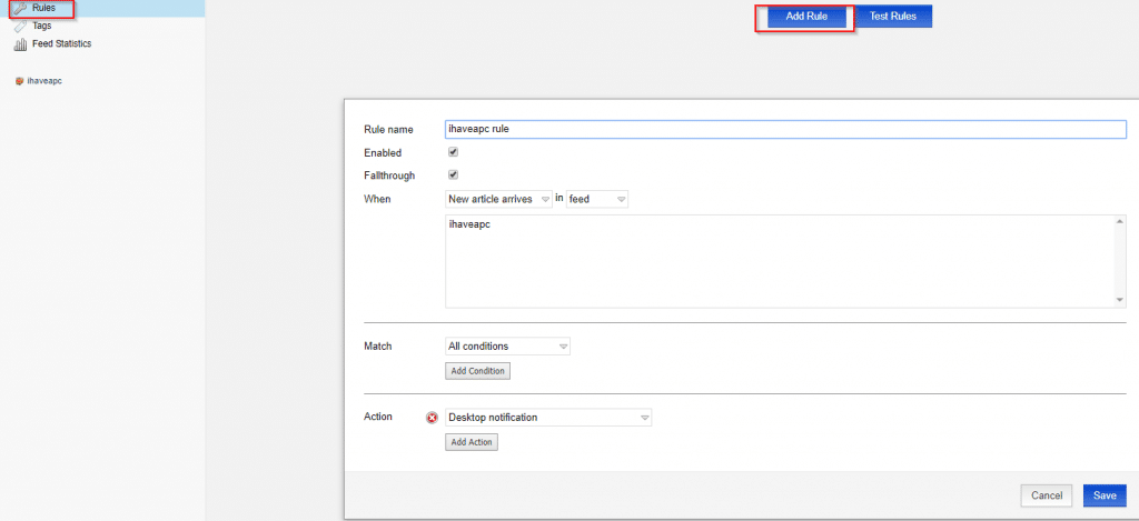 configuring rules for various feeds in Feedbro 