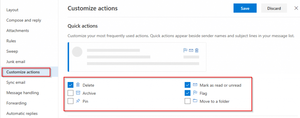 configuring quick actions for outlook.com inbox