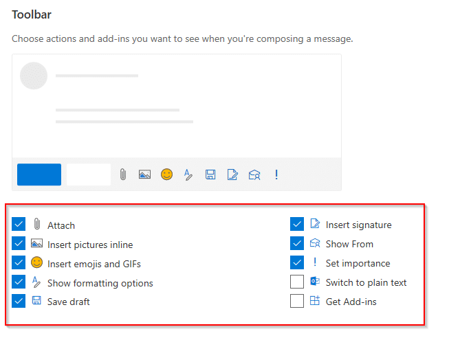 configuring quick actions for toolbar for composing messages in outlook.com
