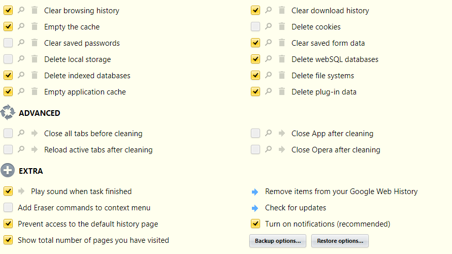 selecting various items like cookies, cache, downloads list and so on for deleting using History Eraser