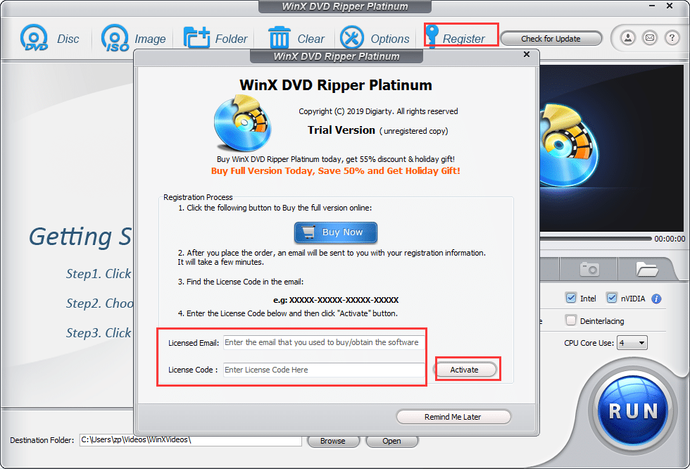 activating giveaway version of WinX DVD Ripper Platinum 