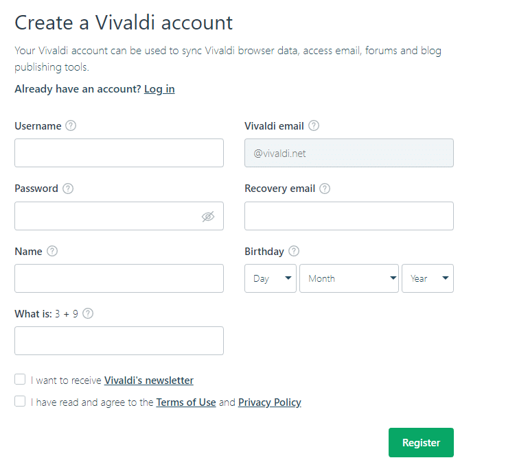 signup for for making a Vivaldi user account