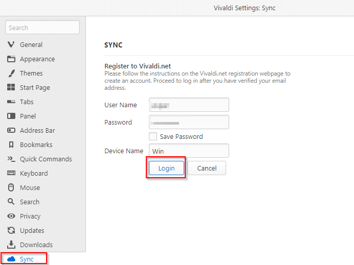 logging in using Vivaldi account