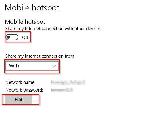 configuring mobile hotspot options in Windows 10