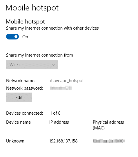 list of connected devices through Windows 10 mobile hotspot