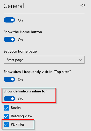 enable definitions inline for PDF files in Edge browser