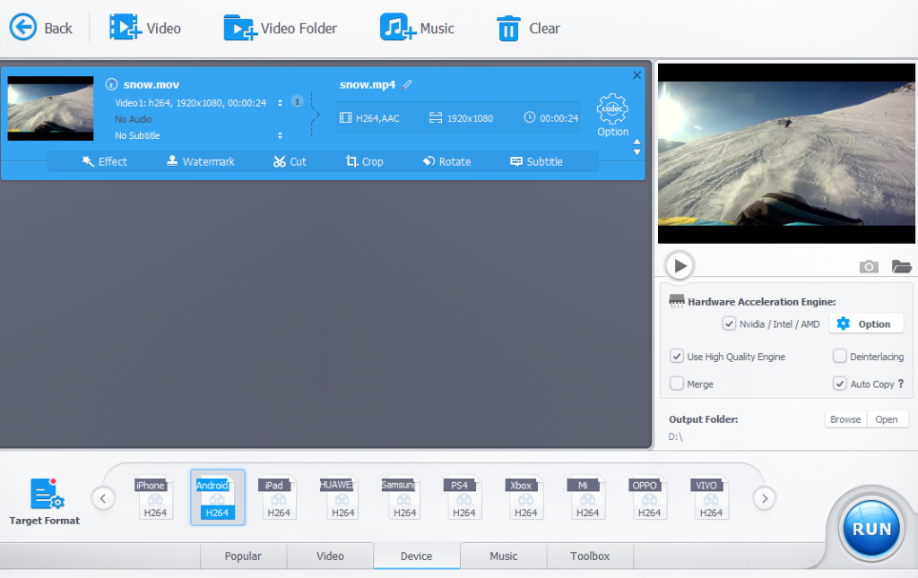 encoding videos per device profiles in VideoProc 