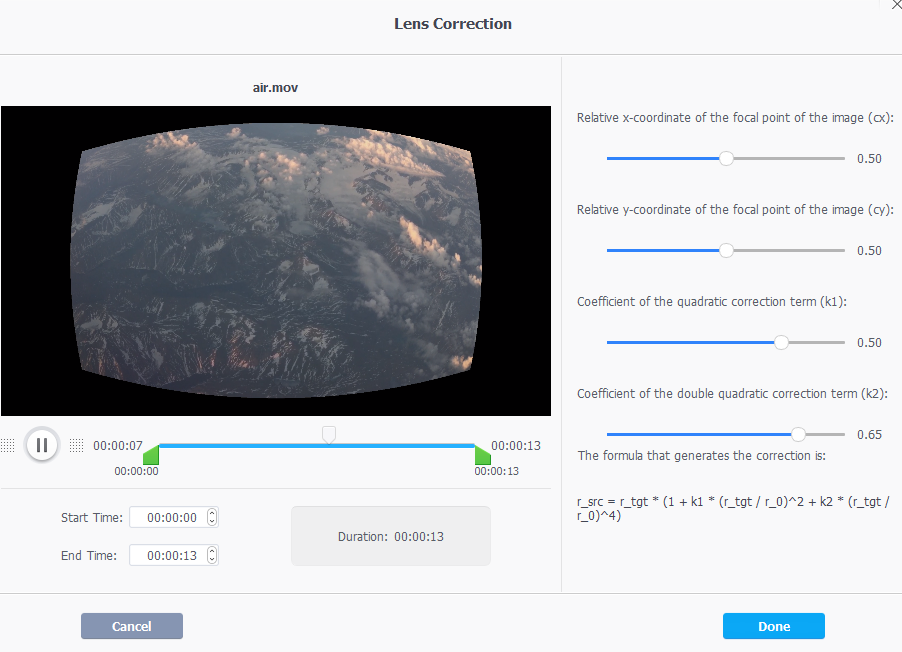 Fisheye lens correction in VideoProc 