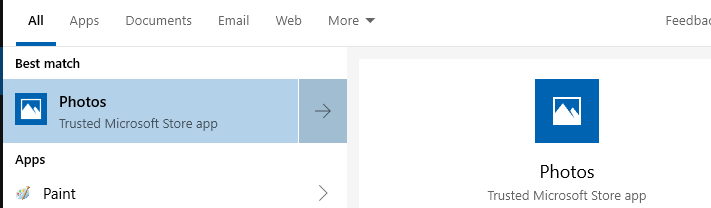 searching for Photos app in Windows 10