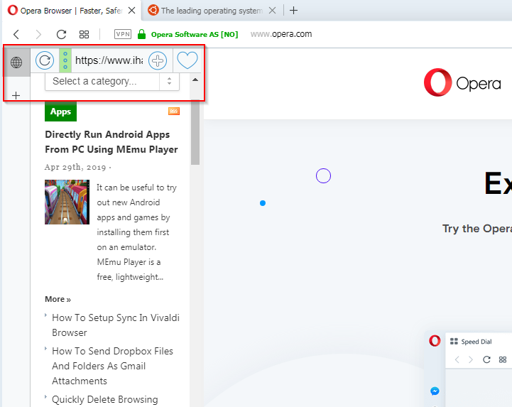 websites in Opera sidebar using Web Panel besides the ones opened in regular tabs