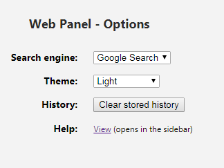 changing search providers, themes and deleting history in Web Panel add-on for Opera