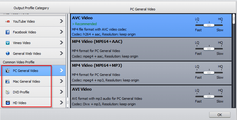 common video profiles in WinX HD Video Converter Deluxe