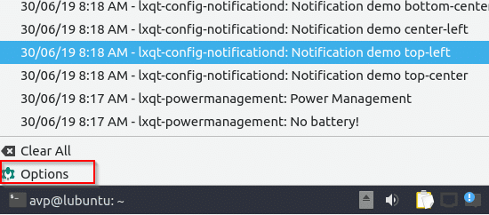 list of displayed notifications in Lubuntu 19.04