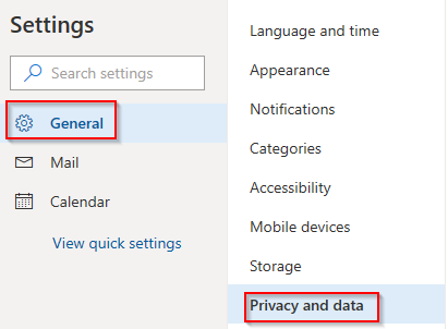 General settings in outlook.com