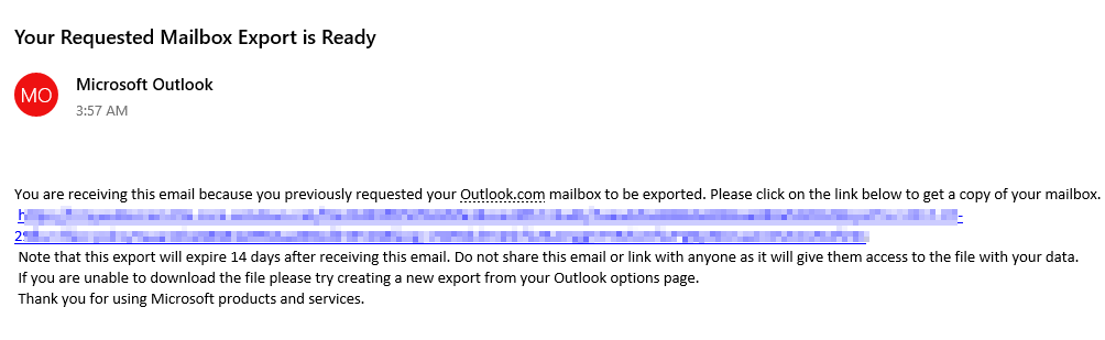  Outlook.com mailbox export completed and available as a PST file download