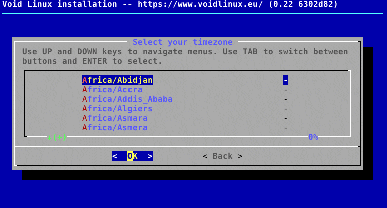 choosing system timezone during Void Linux installation