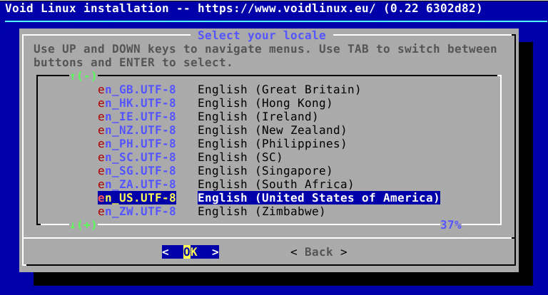 choosing locale during Void Linux installation