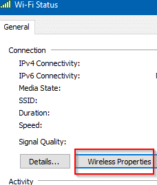 viewing wireless properties of network adapter in windows 10