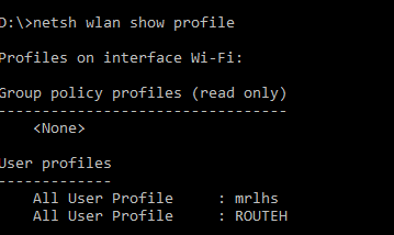 using netsh wlan command in Windows 10 to list wireless networks previously used