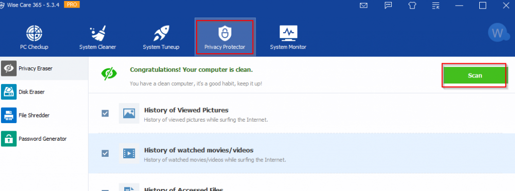 deleting history of viewed photos and videos using Privacy Protector in WiseCare 365 Pro