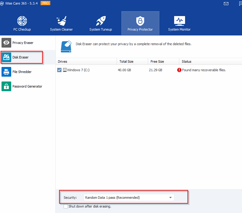 Erase disk to shred data using Disk Eraser in WiseCare 365 Pro