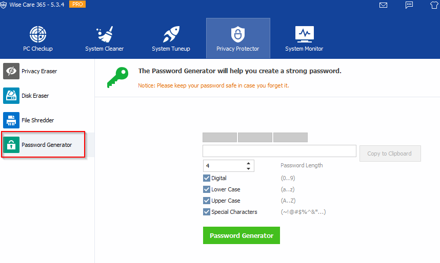 Password Generator in WiseCare 365 Pro