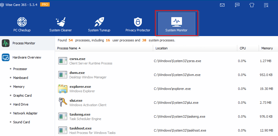 System Monitor feature in WiseCare 365 Pro