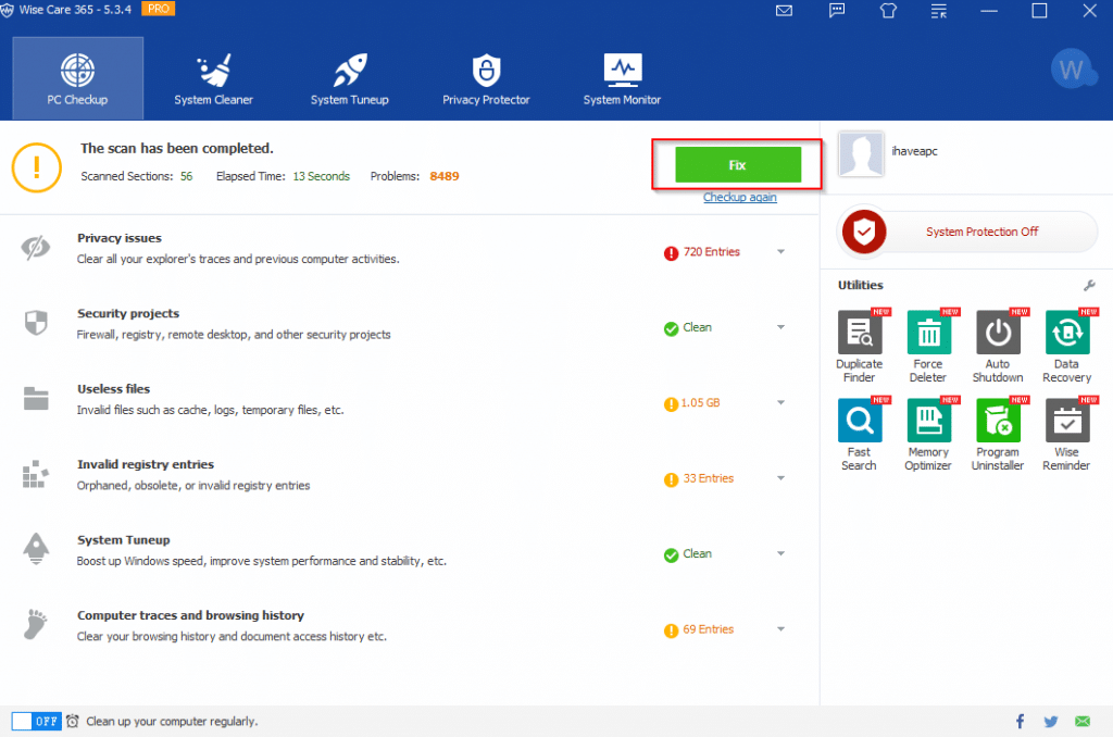 PC checkup using WiseCare365 Pro 