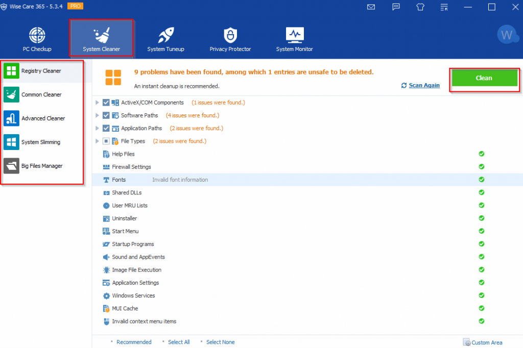 System Cleaner features in WiseCare365 Pro