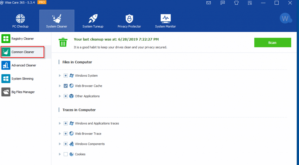 delete common junk files using System Cleaner in WiseCare 365 Pro