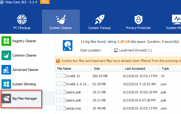 Big Files Manager in WiseCare365 Pro to delete large files
