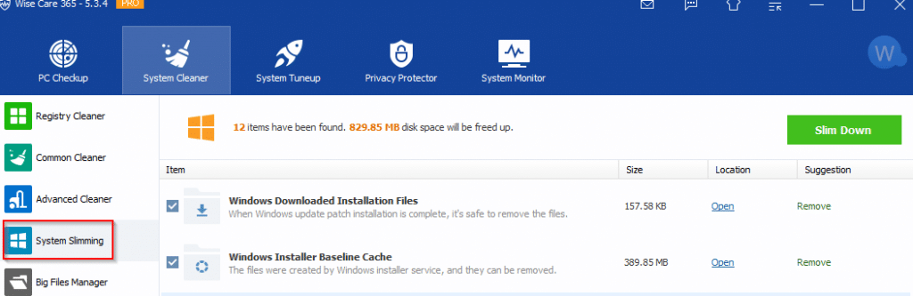 System Slimming in WiseCare365 Pro to delete Windows update and installation files
