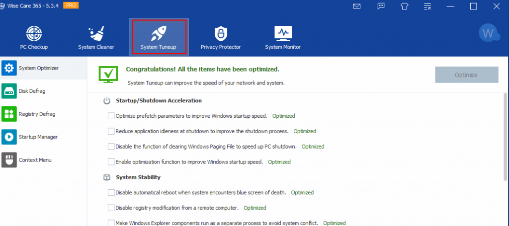 WiseCare 365 Pro System Tuneup feature