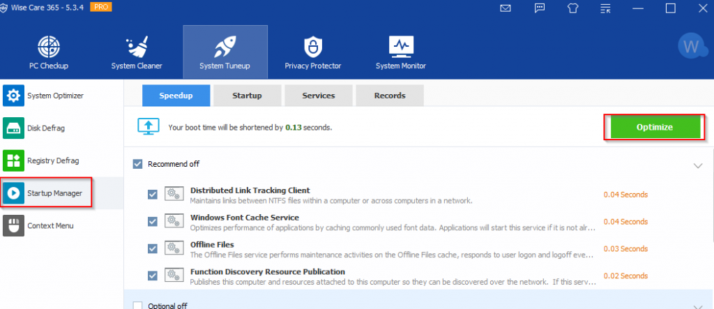 speeding up boot time using Startup Manager in WiseCare 365 Pro