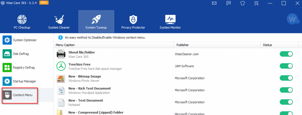 removing programs from Windows context menu in WiseCare 365 Pro