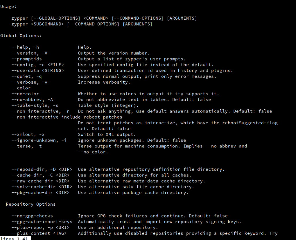 zypper help page from openSUSE command line