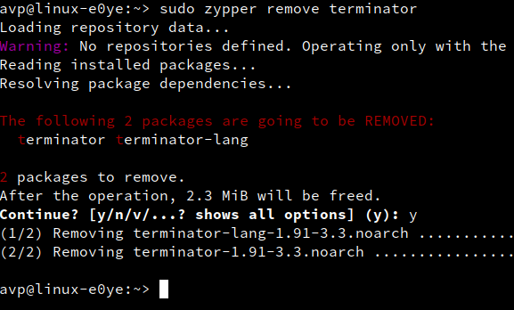 uninstalling packages using zypper