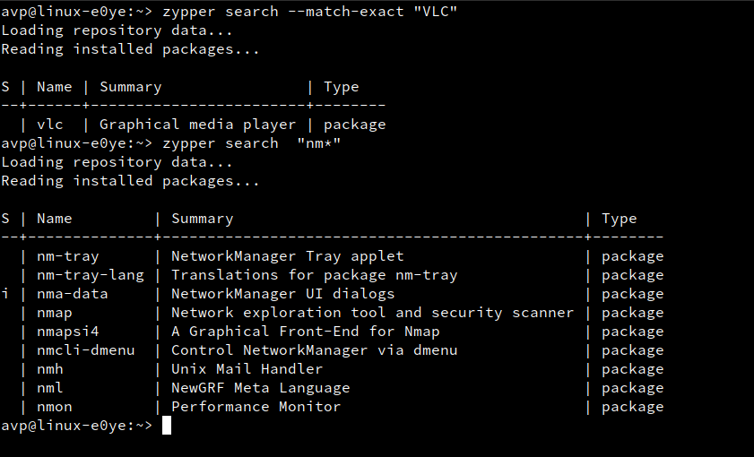 using exact match phrase to find packages using zypper